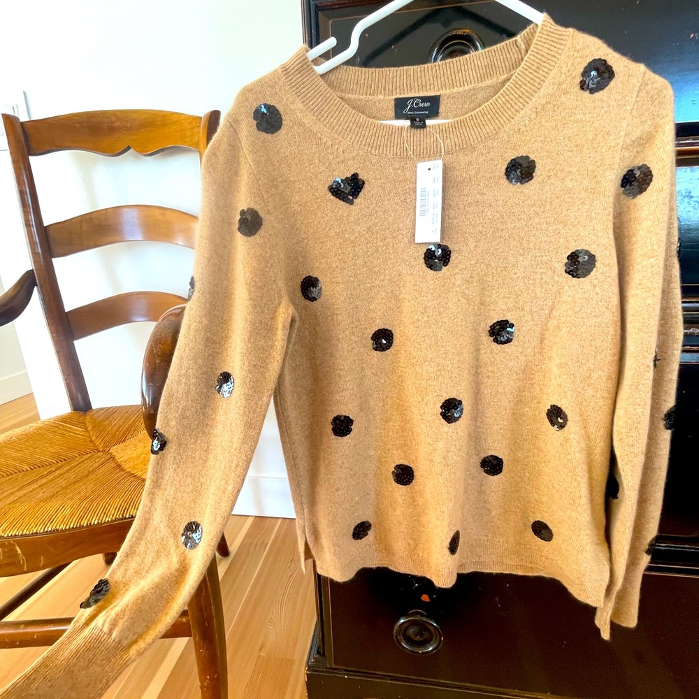 NWT J. Crew cashmere sweater with black sequined polka dot detail.